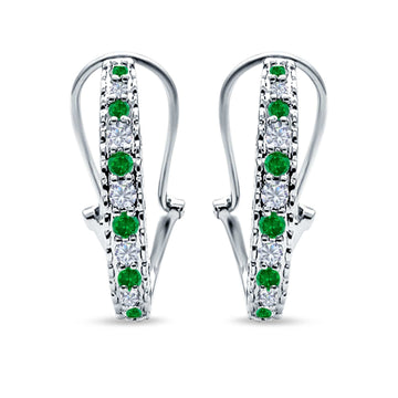 Half Eternity Heart Huggie Hoop Earrings Round Simulated Green Emerald CZ 925 Sterling Silver (18mm)